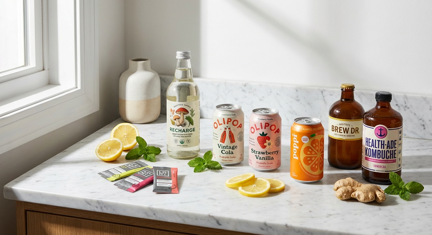 Array of functional beverages including electrolyte drinks, adaptogen waters, and prebiotic sodas on modern surface
