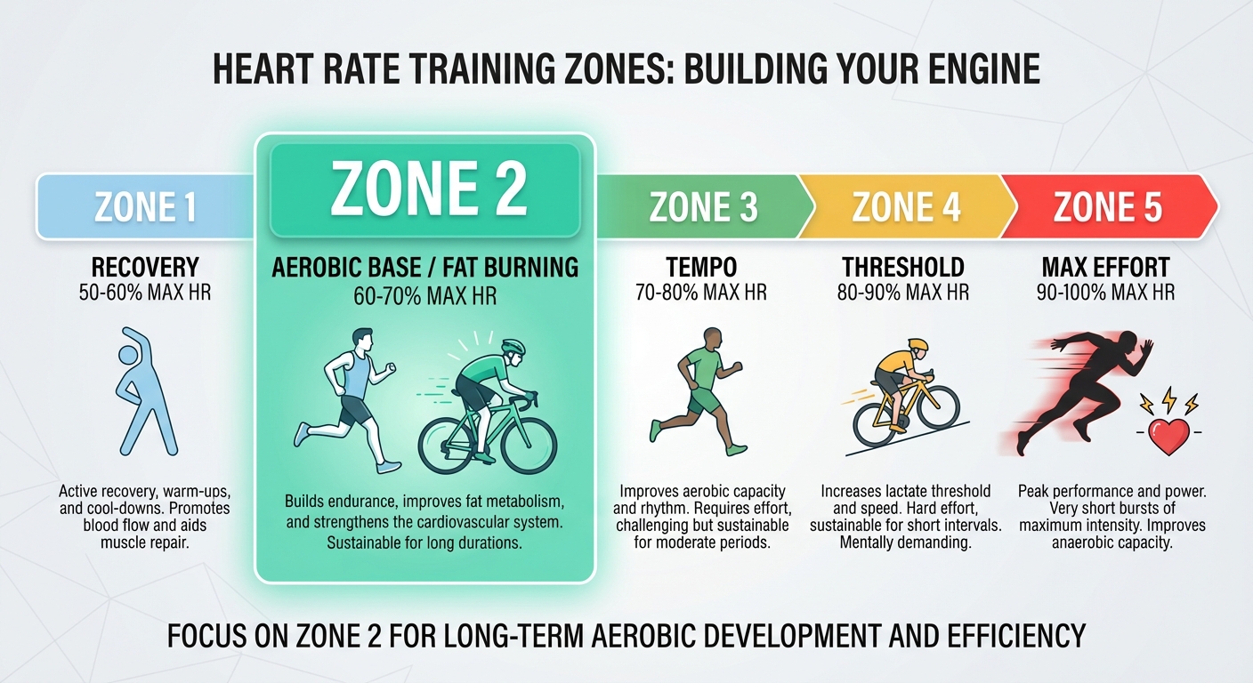 Heart rate zones chart showing Zone 2 positioned between easy recovery and moderate intensity