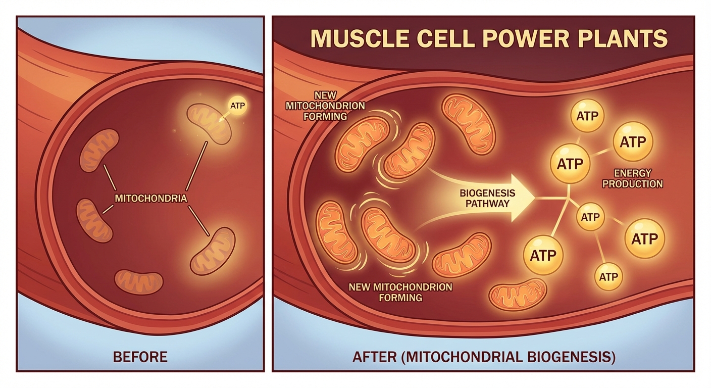 Scientific illustration of mitochondria showing energy production within muscle cells