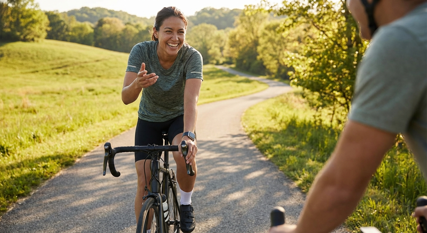 Person cycling at moderate intensity on scenic outdoor path wearing heart rate monitor