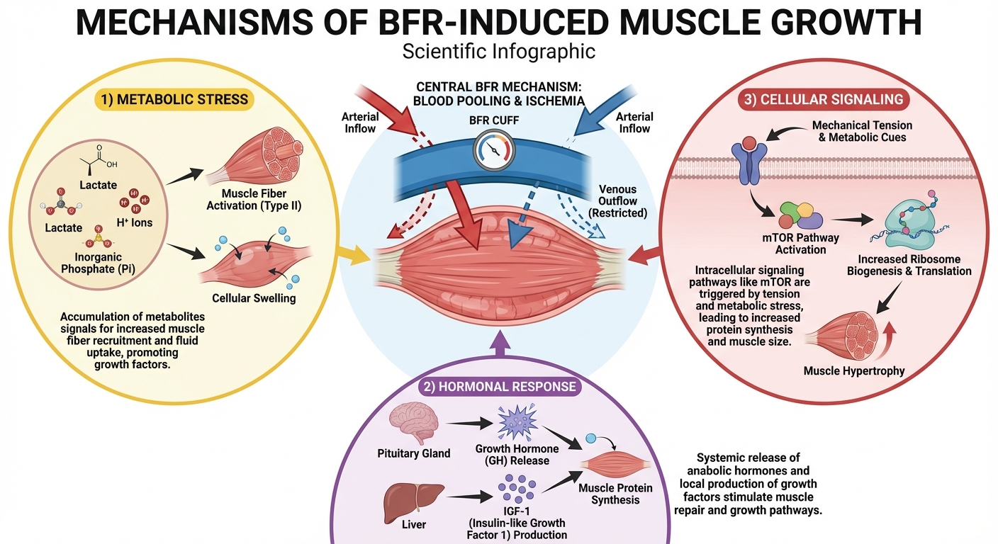 Diagram showing the three mechanisms of BFR training: metabolic stress, cell swelling, and fast-twitch fiber recruitment