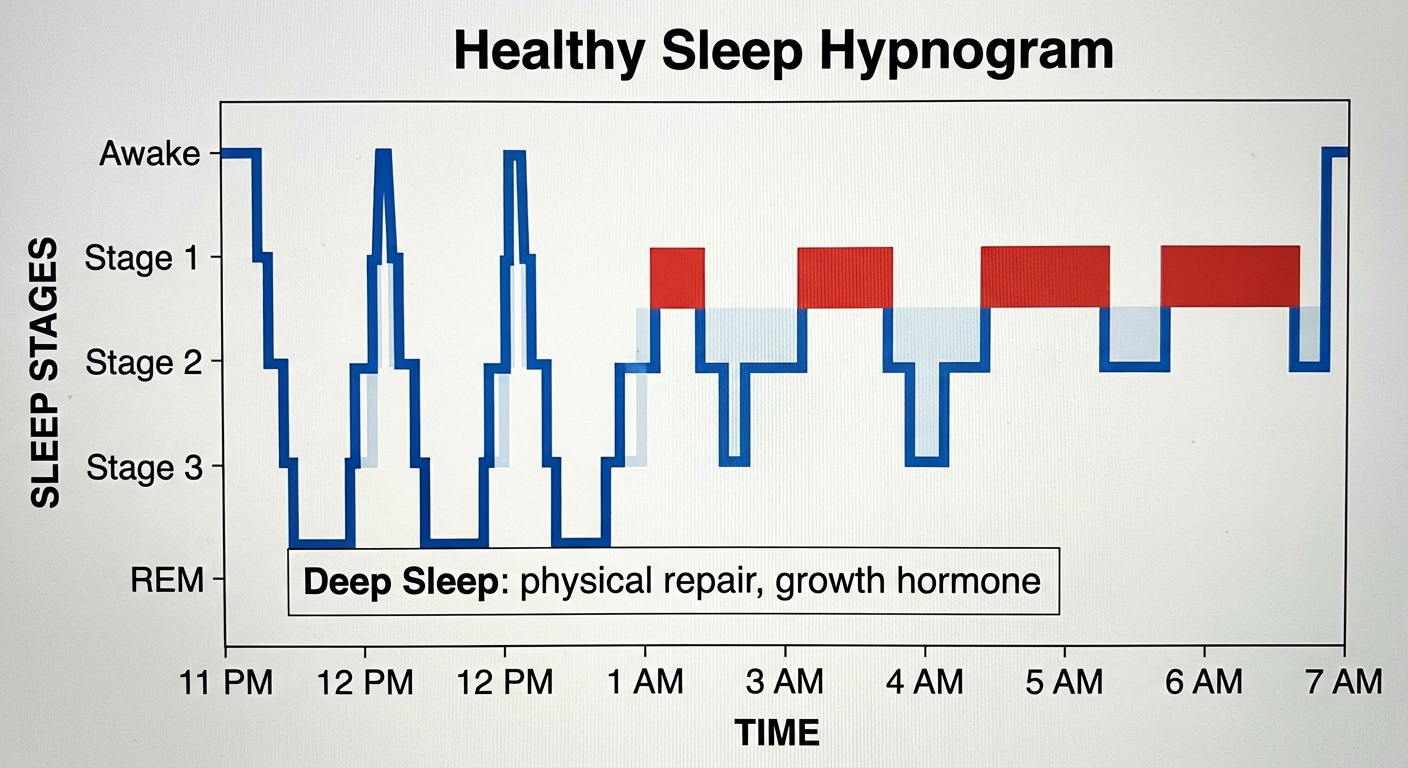 Sleep architecture diagram showing cycles of light sleep, deep sleep, and REM across a typical night