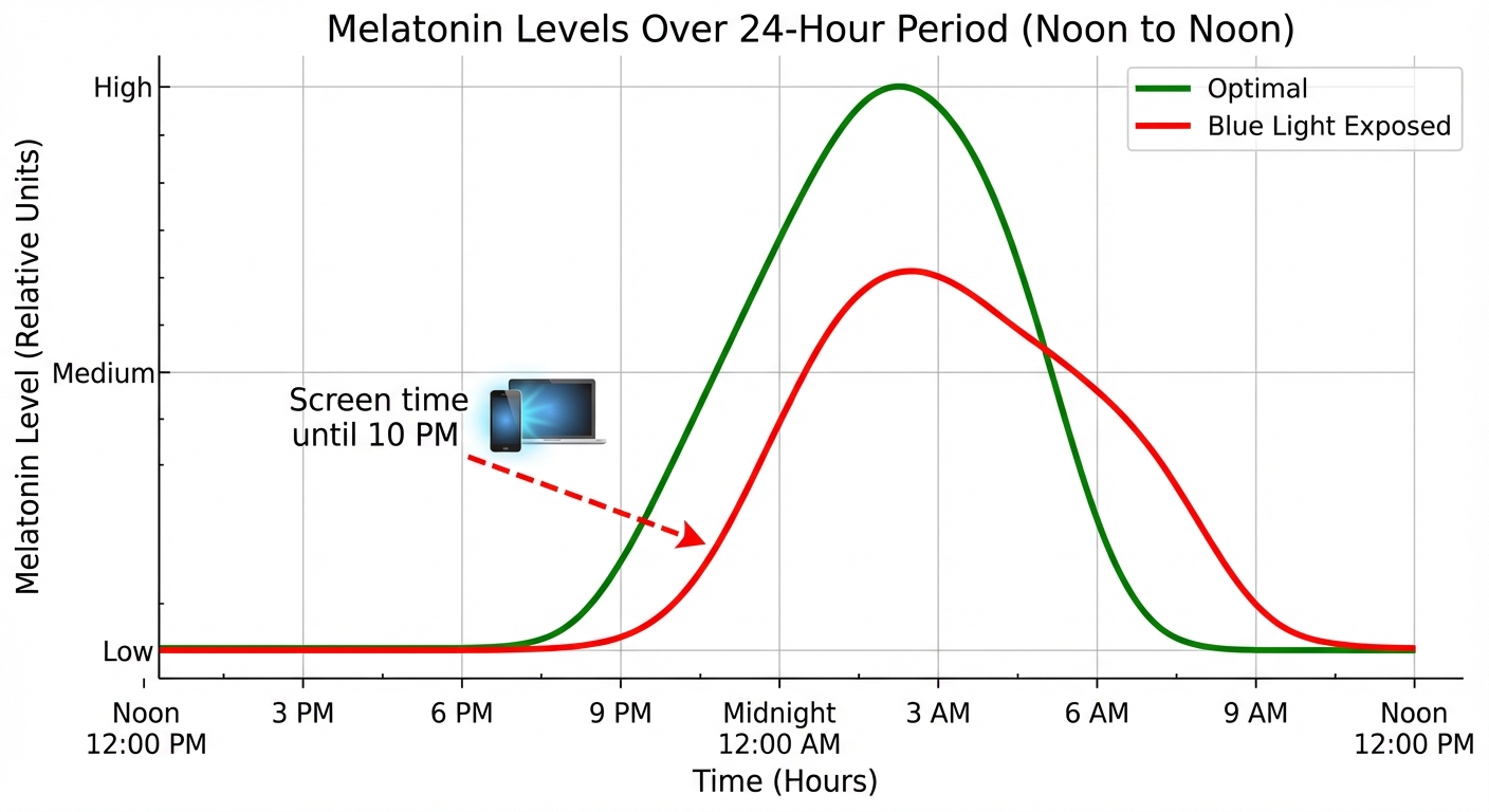 Comparison of melatonin curves with and without evening blue light exposure