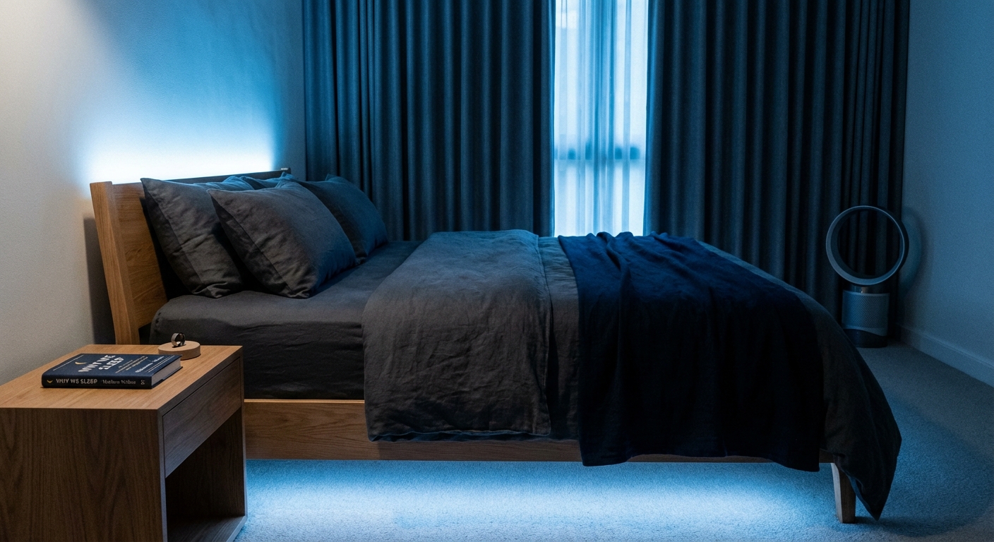 Dark bedroom with cool blue tones showing optimal sleep environment with blackout curtains and minimal electronics