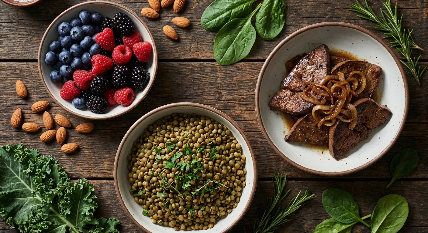 Colorful display of nutrient-dense foods including blueberries, lentils, and liver arranged on a rustic wooden surface