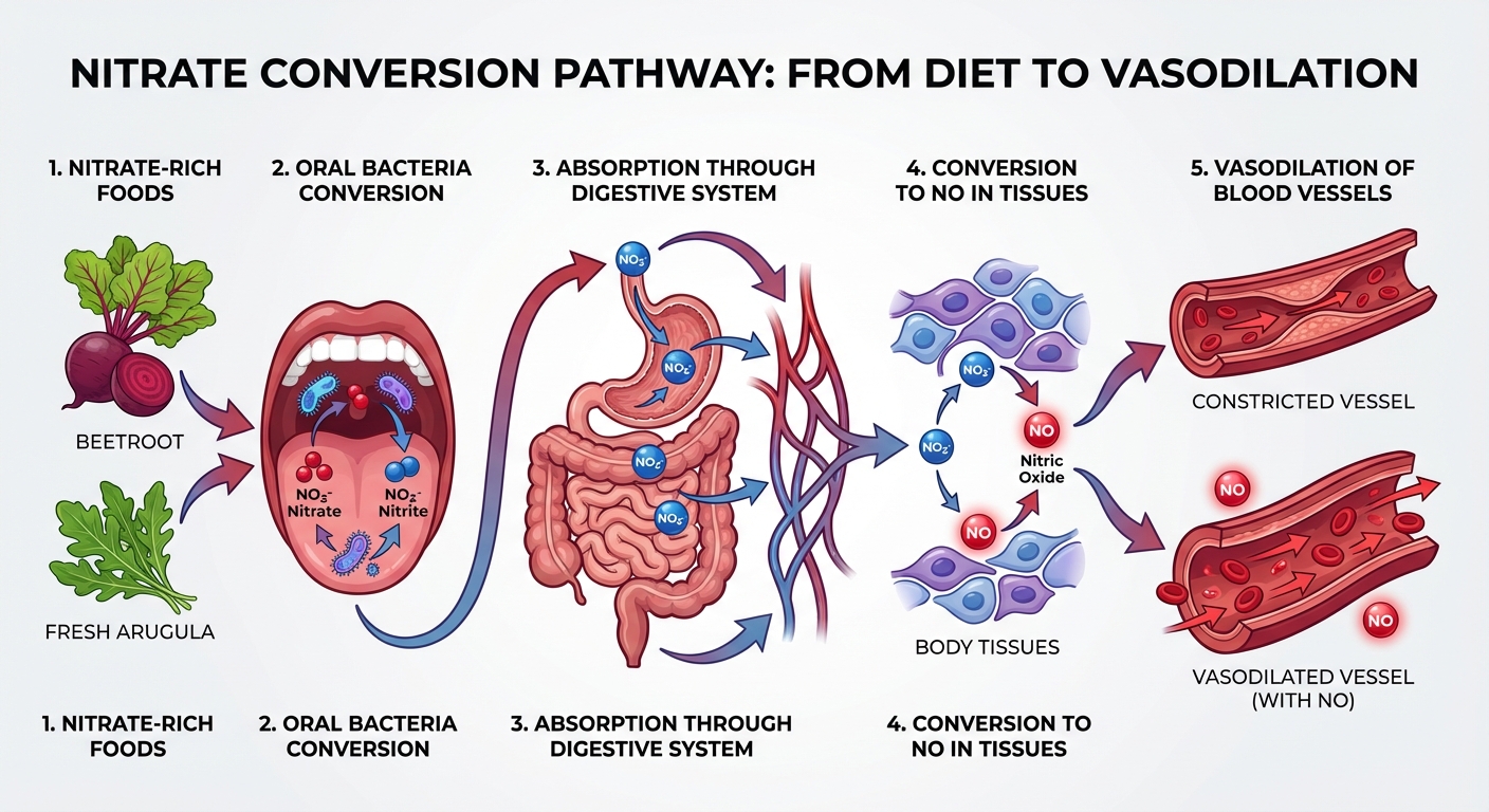Infographic showing the nitrate to nitric oxide conversion pathway in the body