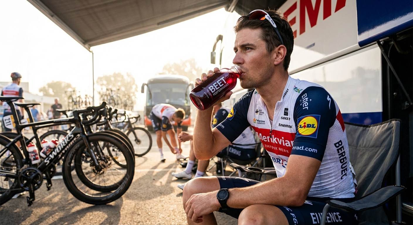 Endurance athlete cyclist drinking beetroot juice before a race