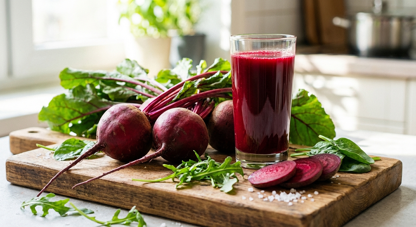 Fresh beetroots and a glass of vibrant red beetroot juice on a wooden cutting board