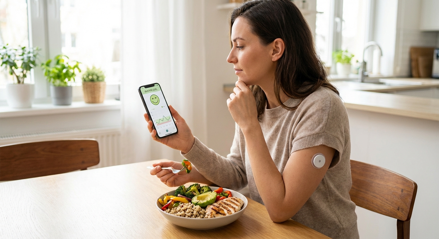 Person using a continuous glucose monitor app on smartphone while eating a healthy meal