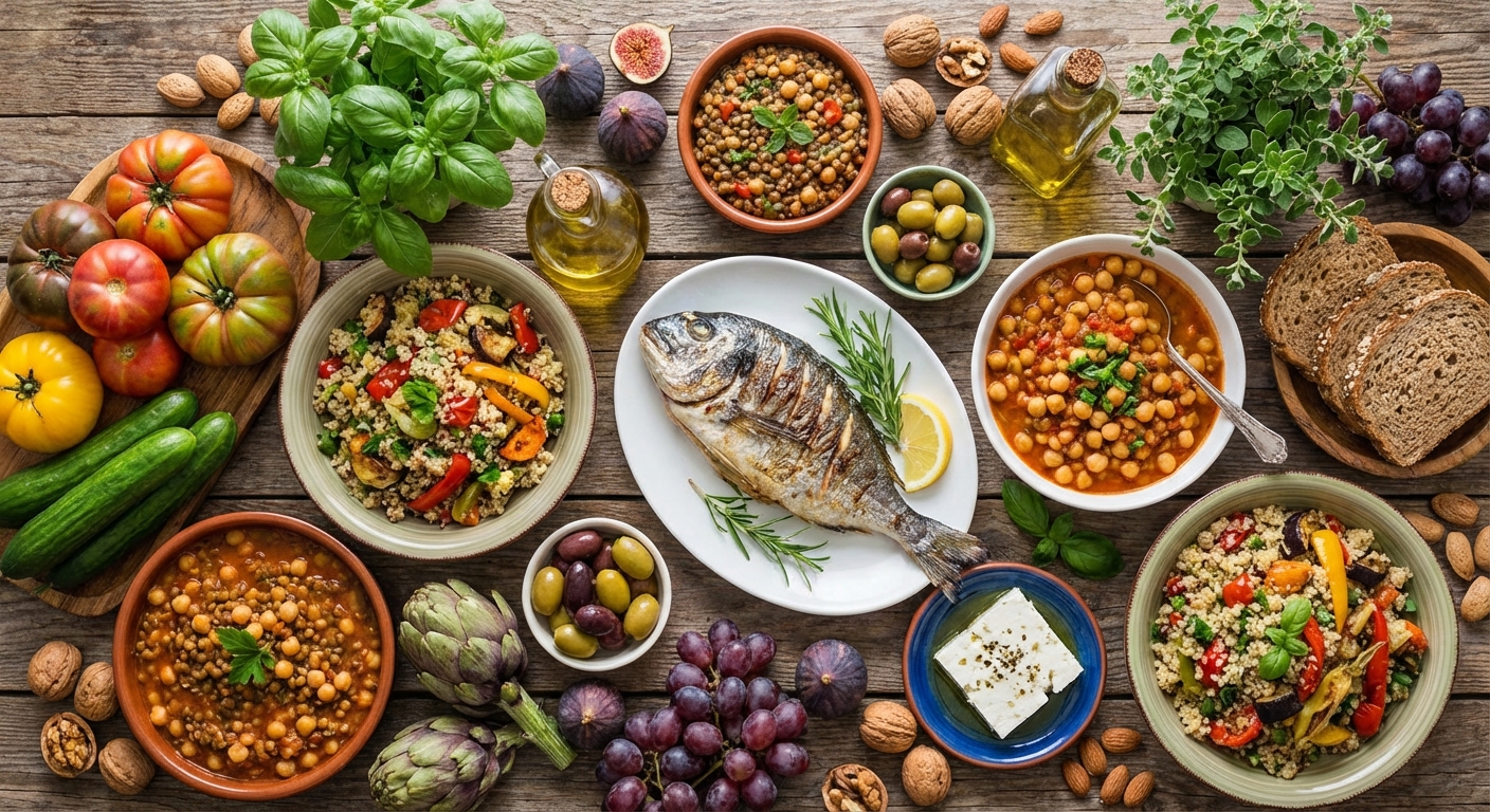 Colorful Mediterranean diet meal spread representing whole food nutrition fundamentals