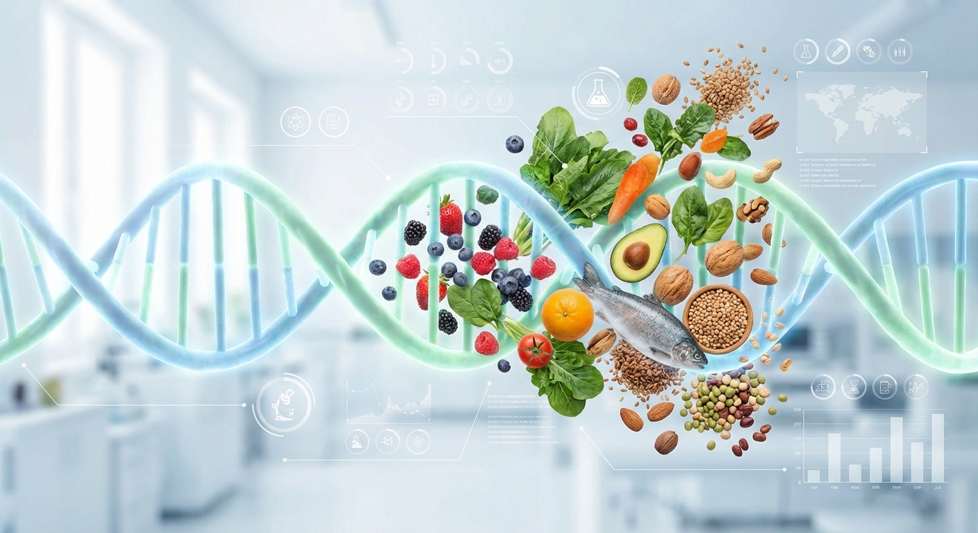 DNA double helix intertwined with colorful fruits and vegetables representing personalized nutrition