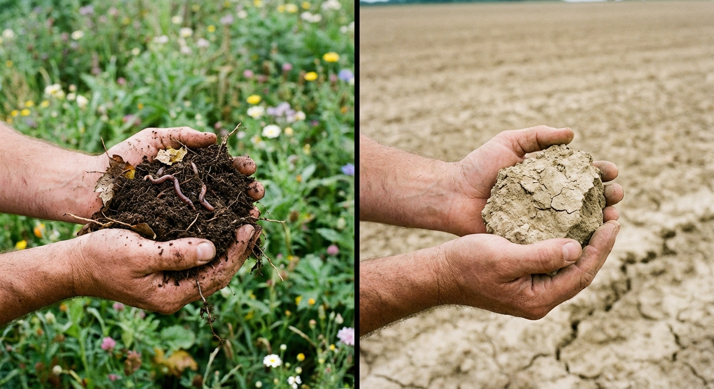 Side-by-side comparison of regenerative soil rich with organic matter versus depleted conventional farmland soil