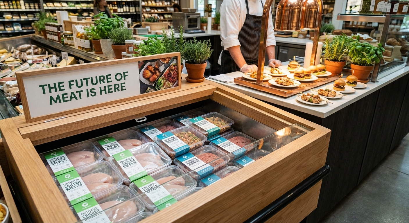 Cultivated meat products displayed in modern retail setting showing chicken and beef options