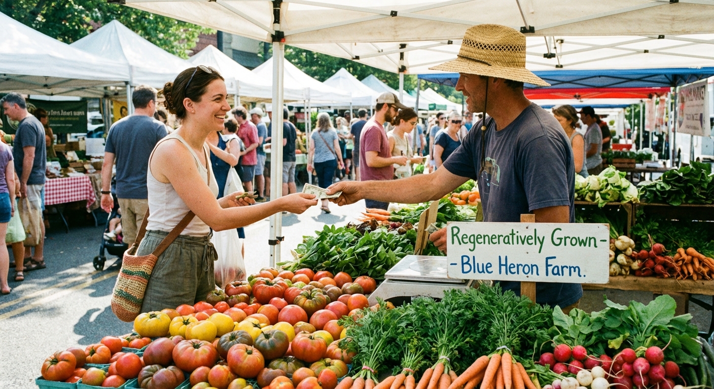 Farmers market scene showing affordable local produce and direct-from-farm purchasing options