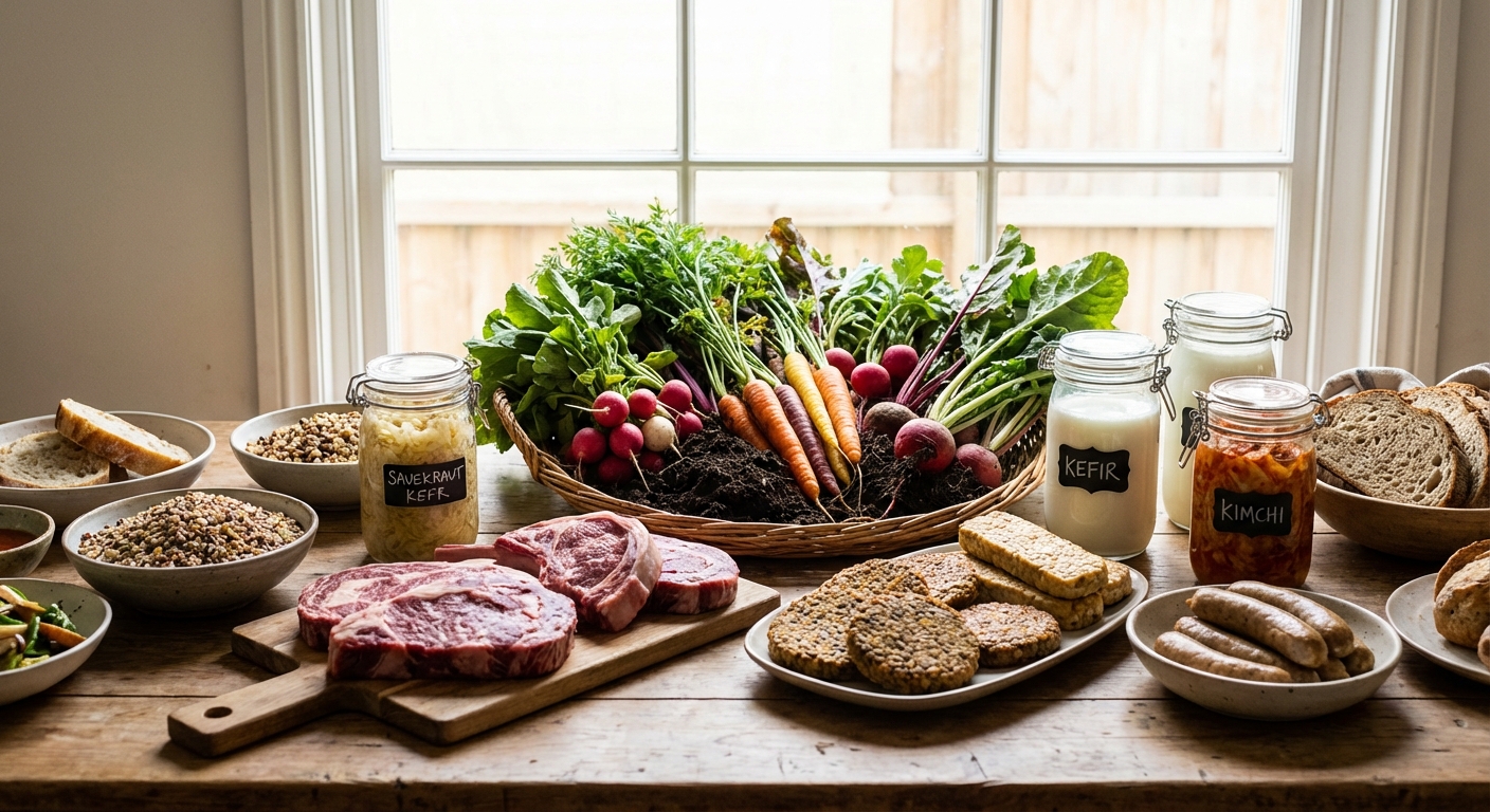 Diverse spread of sustainably produced foods including regeneratively farmed vegetables, pasture-raised proteins, and plant-based alternatives