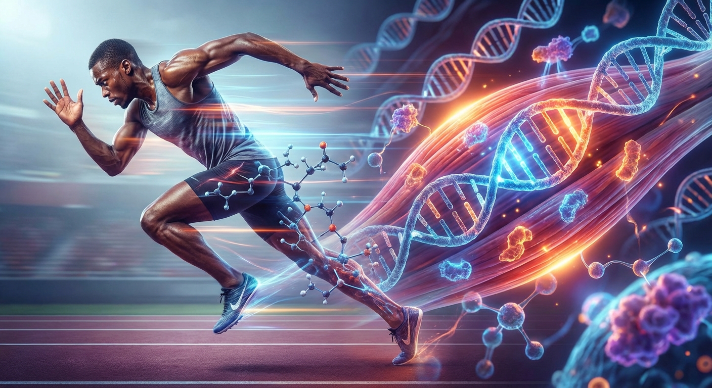 Person exercising with abstract visualization of genes being activated in muscle tissue