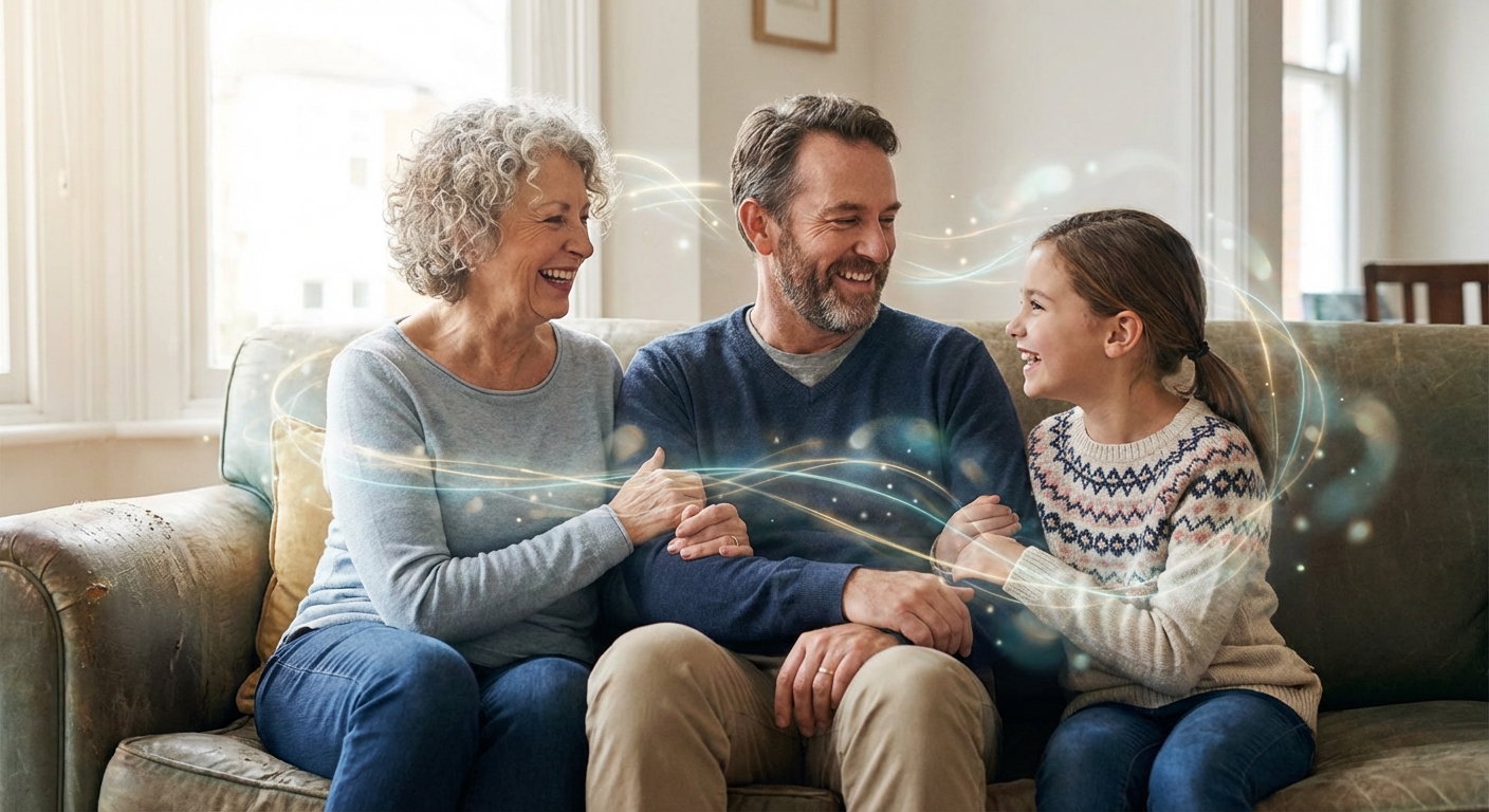 Three generations of family members with subtle visualization of epigenetic inheritance connecting them