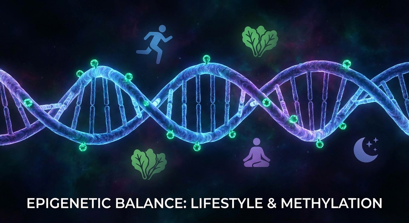 Abstract visualization of DNA double helix with methylation markers and lifestyle symbols surrounding it