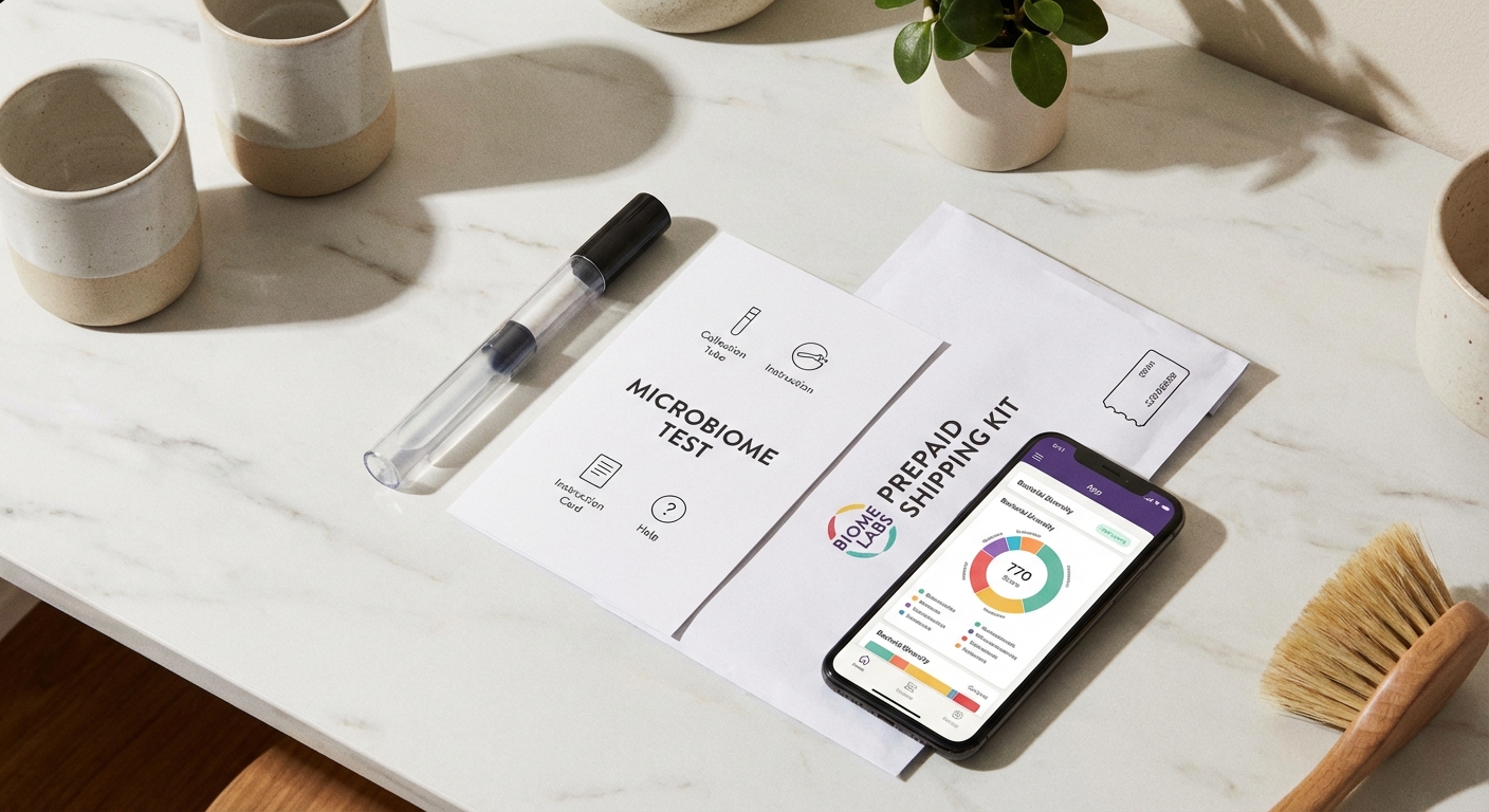At-home microbiome test kit with collection tube and smartphone showing results app