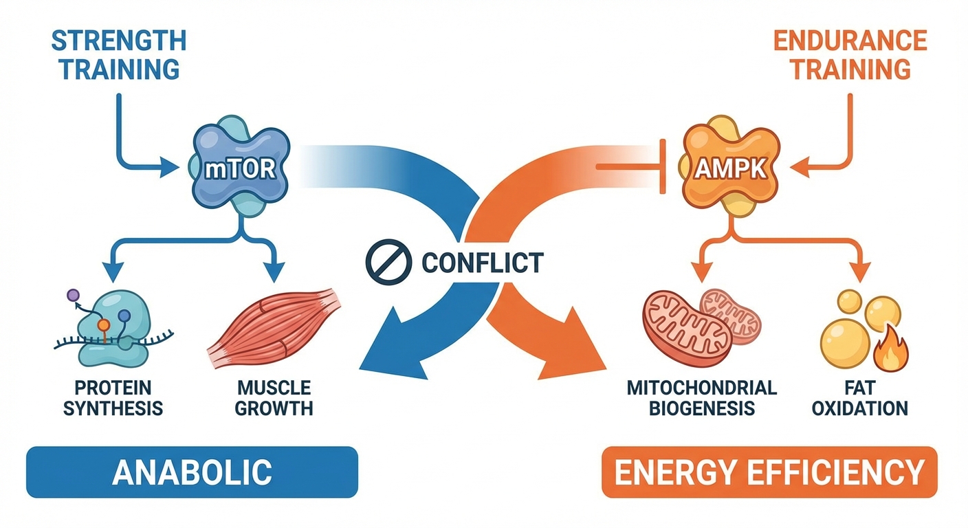 Diagram showing mTOR and AMPK pathways activated by strength versus endurance training