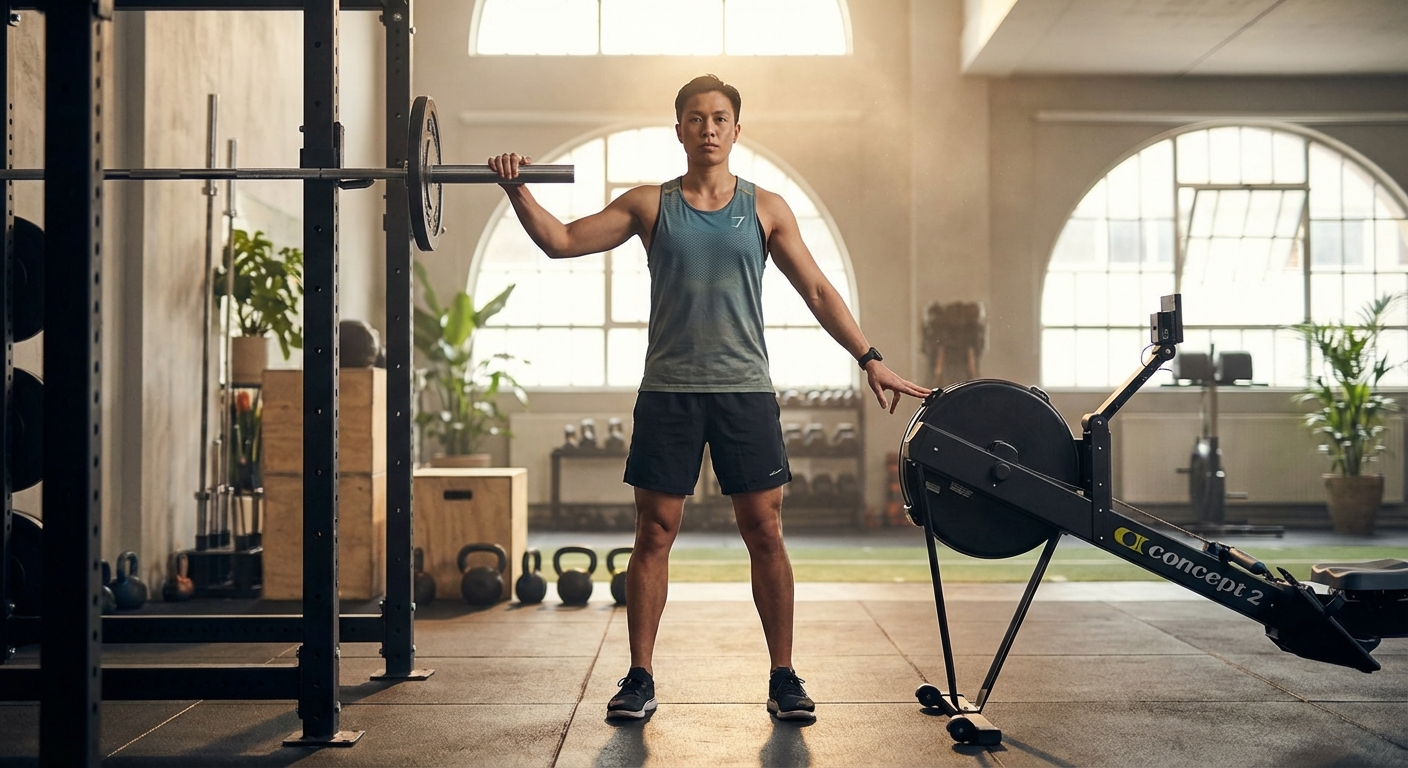 Athlete transitioning from weight training to cardio equipment in gym setting