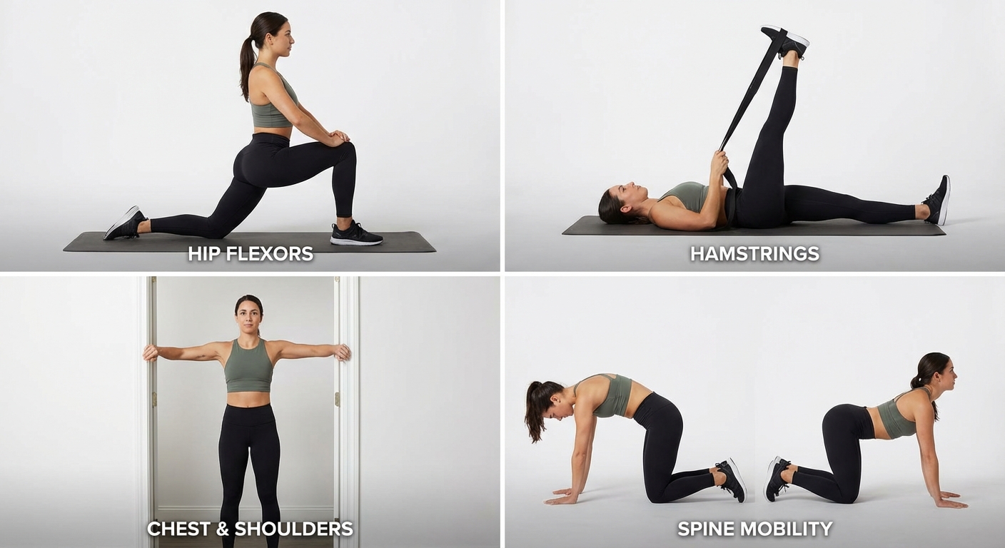 Four-panel image showing key stretches for hip flexors, hamstrings, chest, and thoracic spine