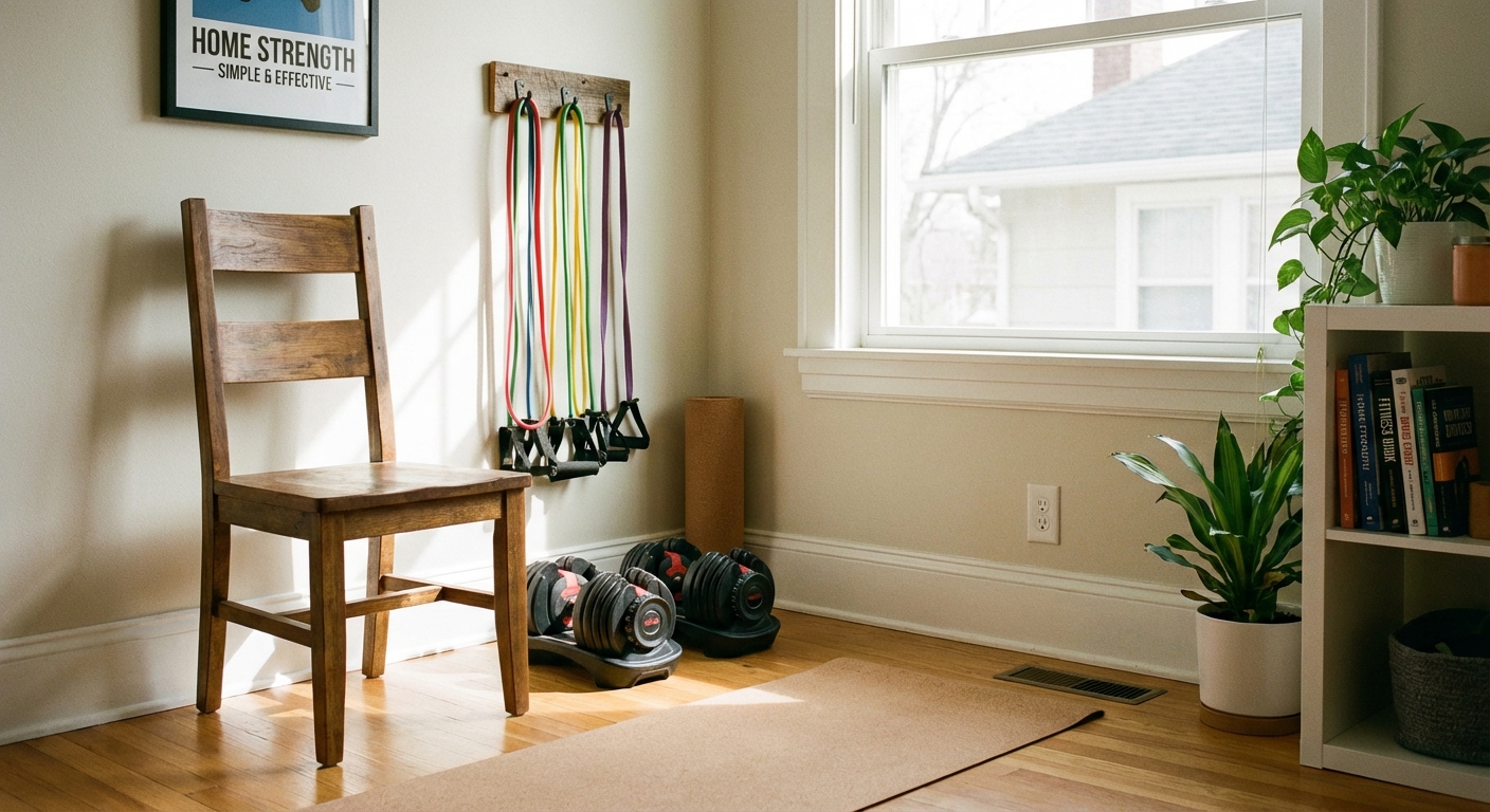 Home exercise setup showing resistance bands, adjustable dumbbells, and sturdy chair