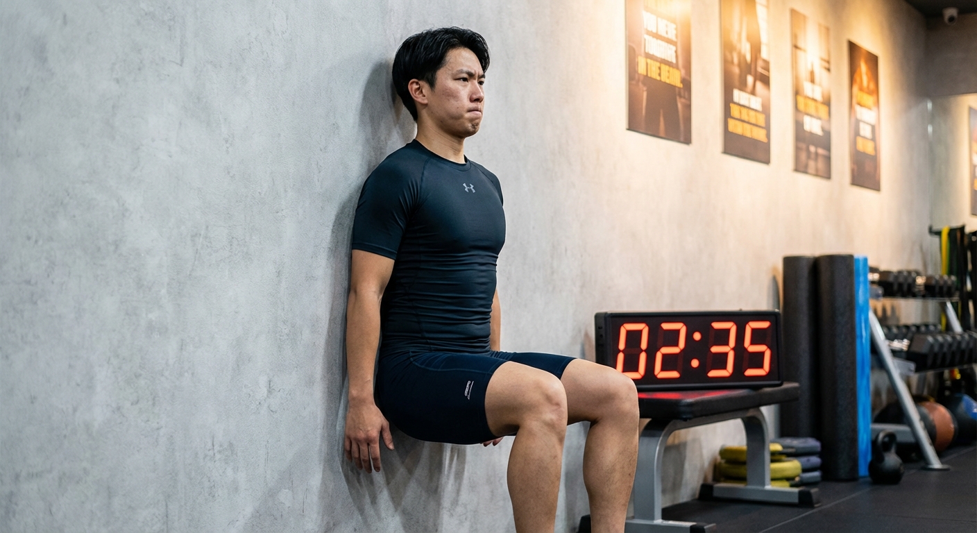 Person performing wall sit against gym wall with knees bent at 90 degrees