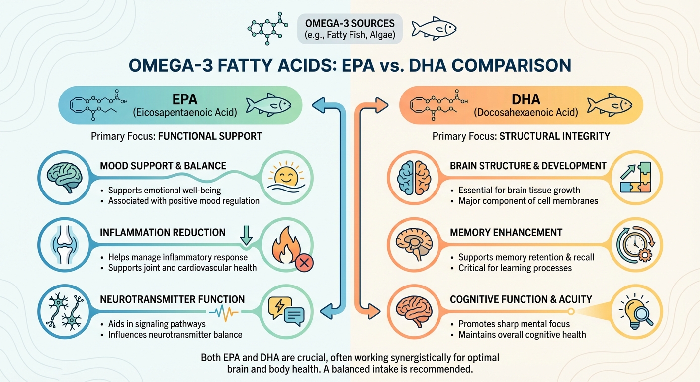 Comparison diagram showing EPA and DHA molecules with their different brain functions labeled