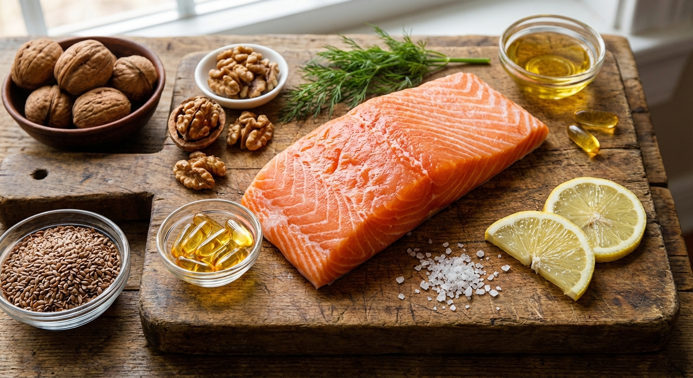 Fresh wild salmon fillet on wooden cutting board with omega-3 rich walnuts and flaxseeds nearby