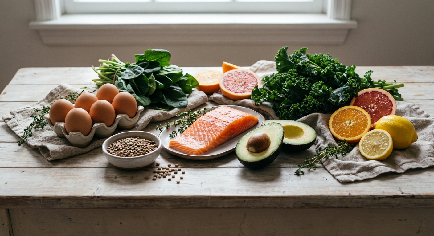 Prenatal nutrition foods including eggs, leafy greens, and fish arranged artfully