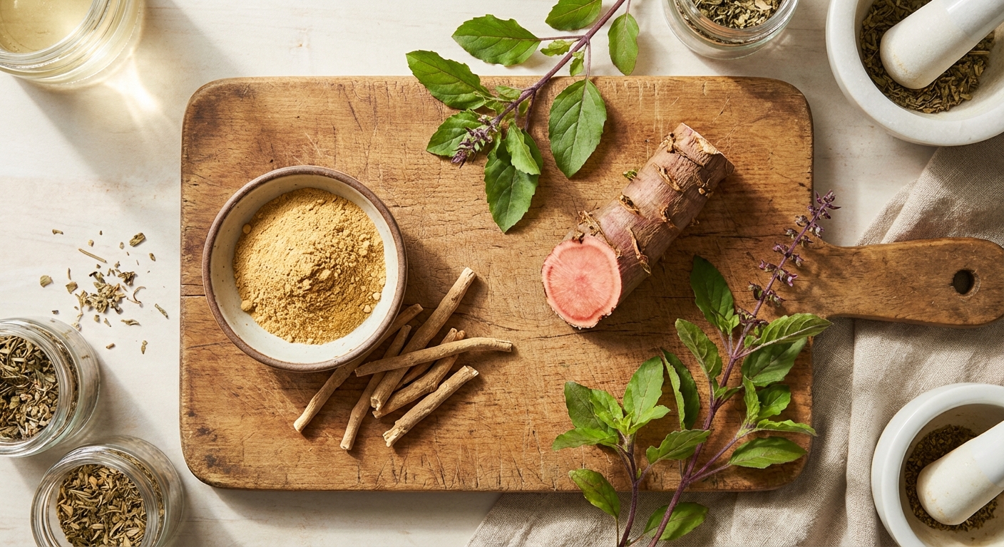 Ashwagandha root and powder alongside rhodiola rosea and holy basil leaves on wooden surface