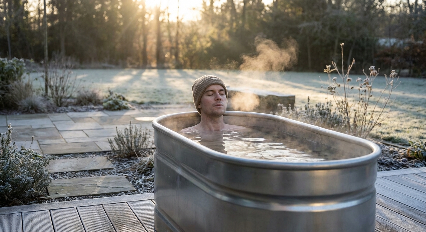 Person in ice bath outdoors with steam rising and focused calm expression