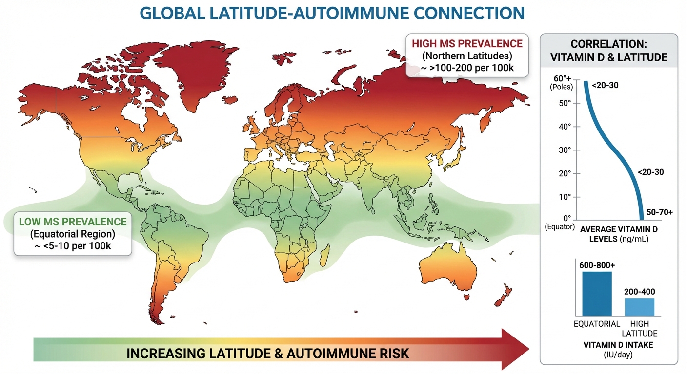 Map showing gradient of autoimmune disease rates from equator to poles correlating with sun exposure patterns