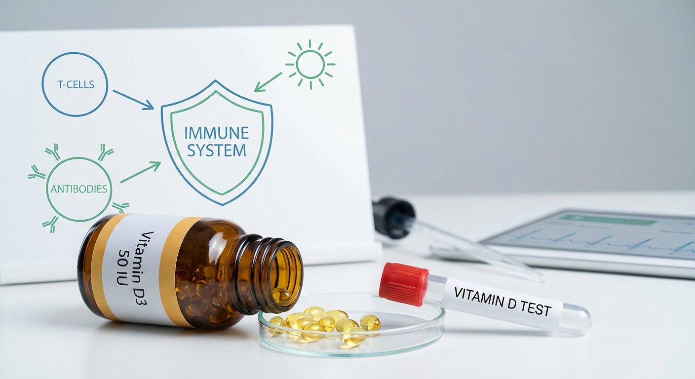 Vitamin D supplement bottle beside immune system diagram and blood test vial in clinical setting