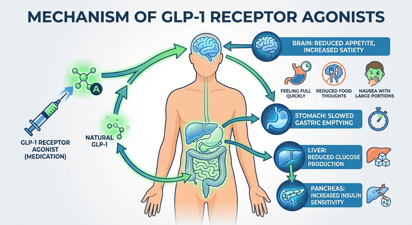 Diagram showing GLP-1 mechanism of action on appetite and metabolism