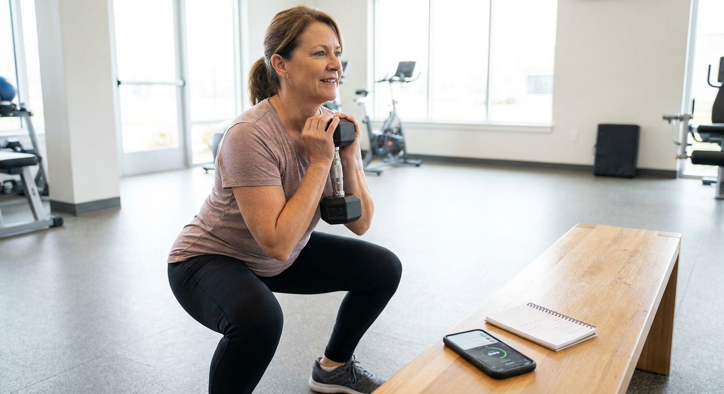 Person performing compound strength training exercise in gym