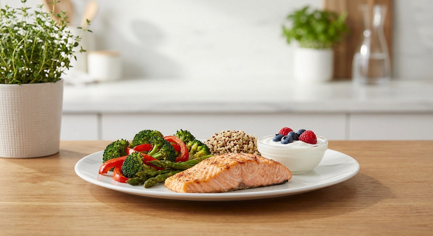 Healthy high-protein meal with lean protein, vegetables, and whole grains