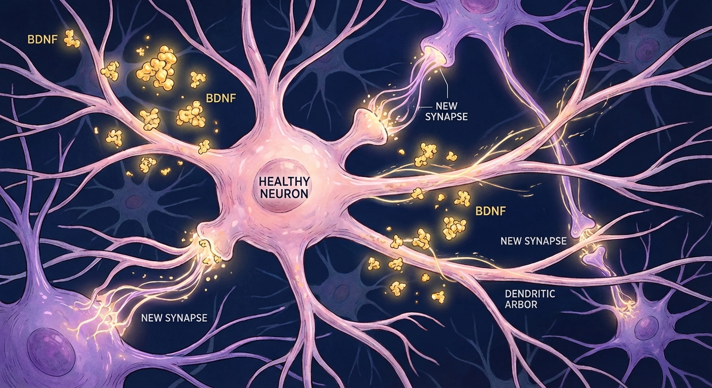 Illustration showing BDNF supporting neuron growth and synaptic connections