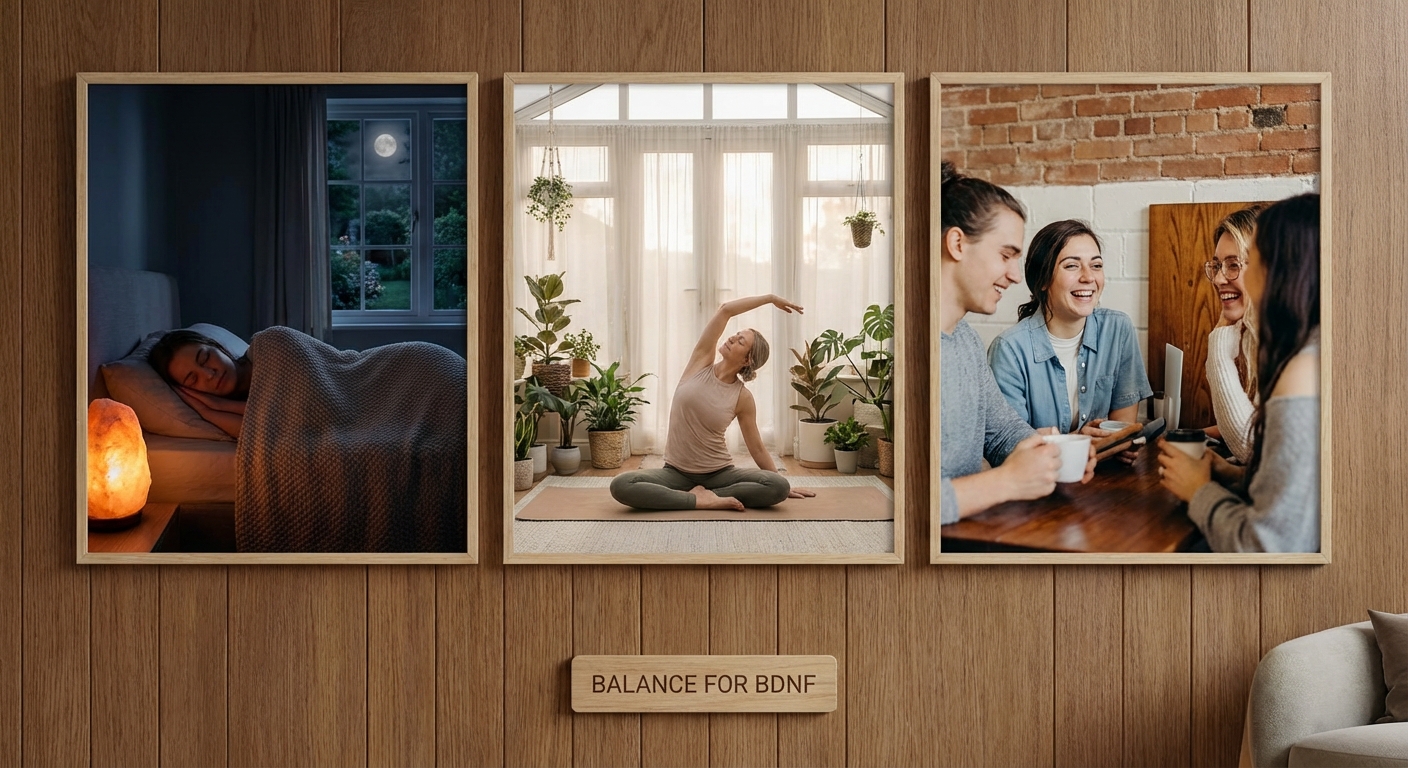 Peaceful scene showing sleep, meditation, and social connection supporting brain health