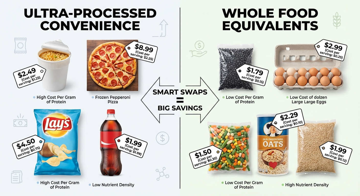 Cost comparison showing whole foods versus processed convenience foods