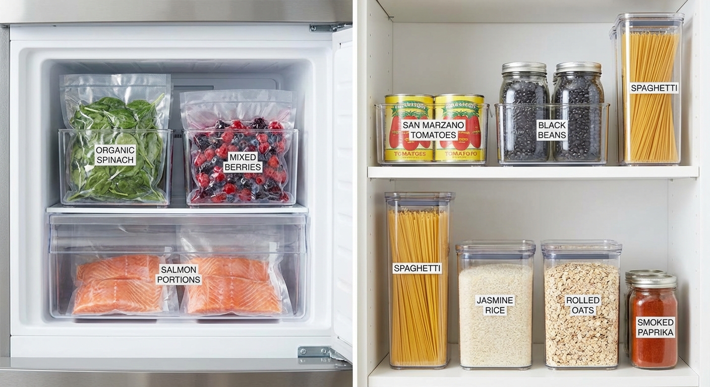 Organized freezer and pantry showing budget-friendly meal staples
