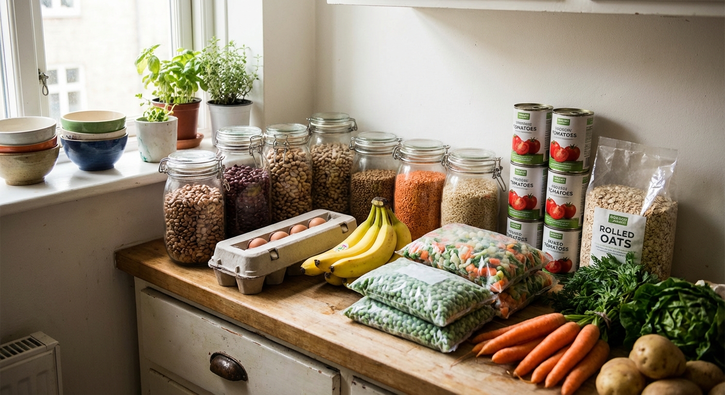 Affordable whole foods arranged on a kitchen counter showing budget-friendly healthy eating