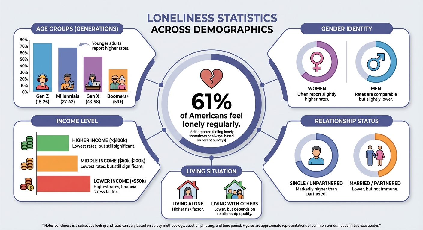 Infographic showing the scope of the loneliness epidemic with key statistics across age groups