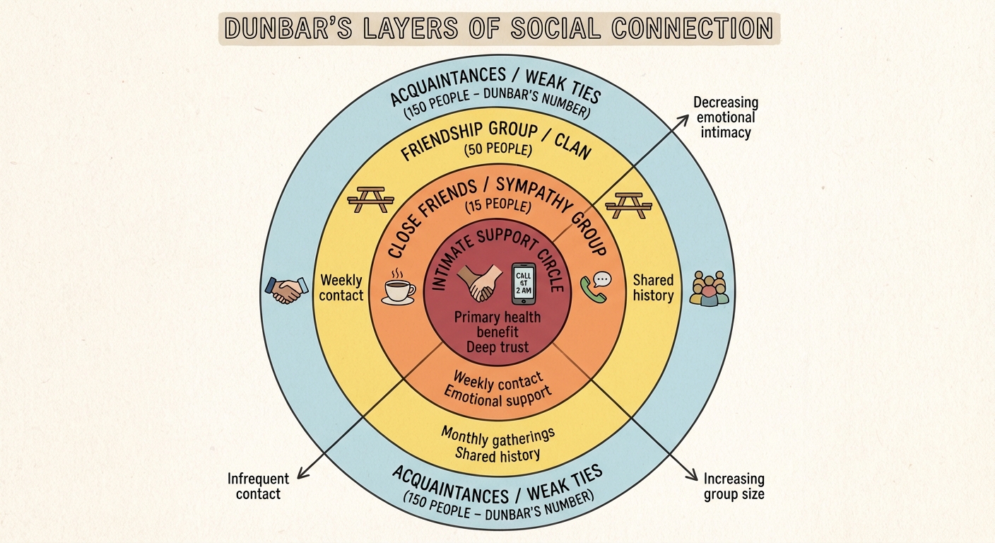 Dunbar's circles showing layers of social connection from intimate to acquaintance level