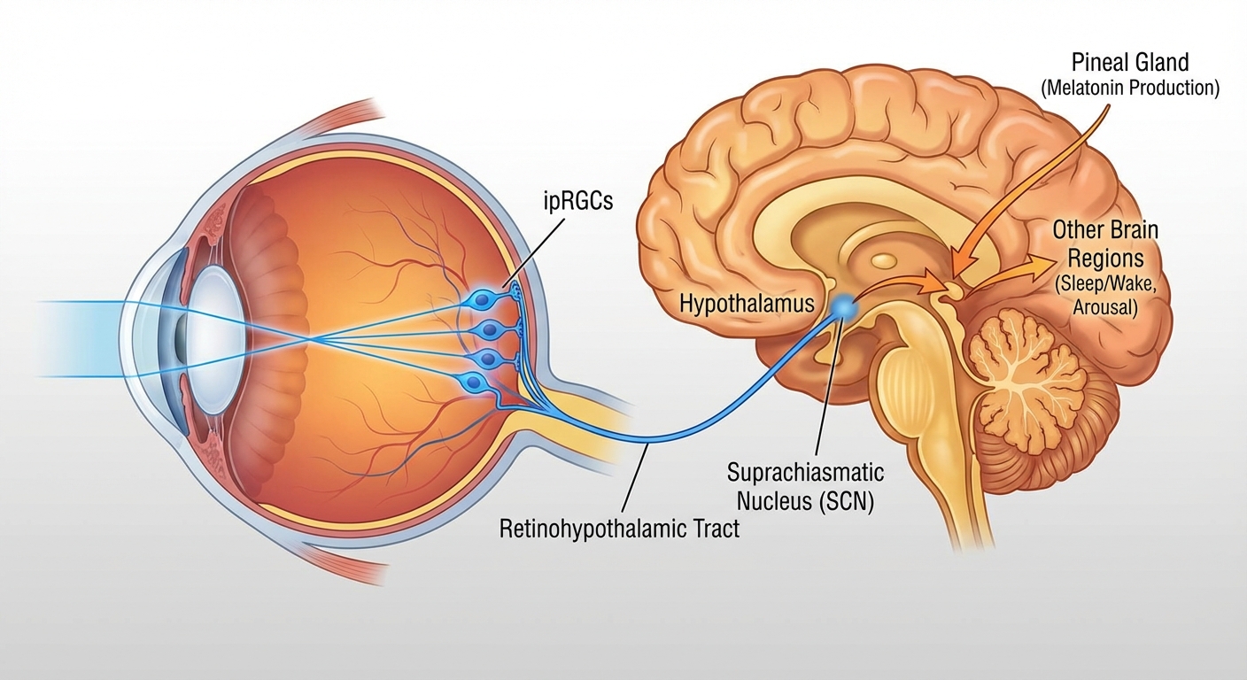 Diagram showing light pathway from eyes to brain's circadian clock