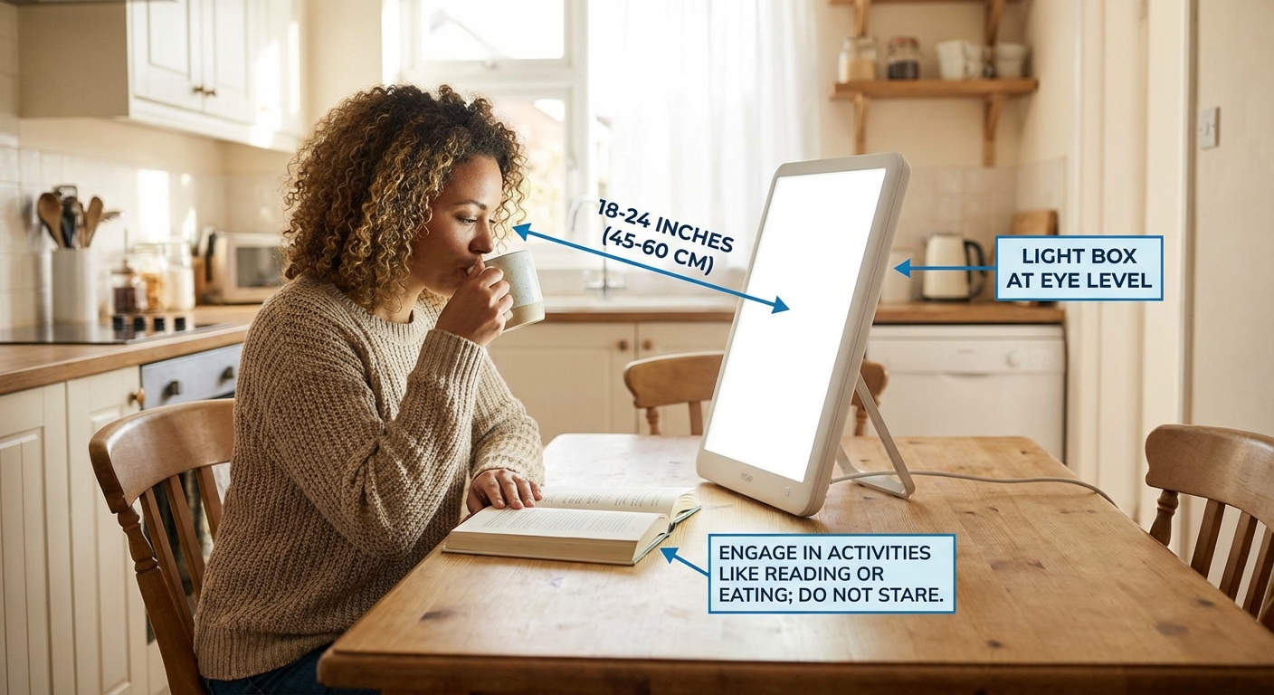 Proper light therapy setup showing positioning and distance