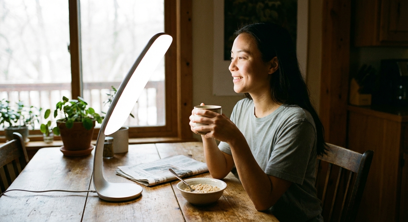 Person using a light therapy lamp during morning routine