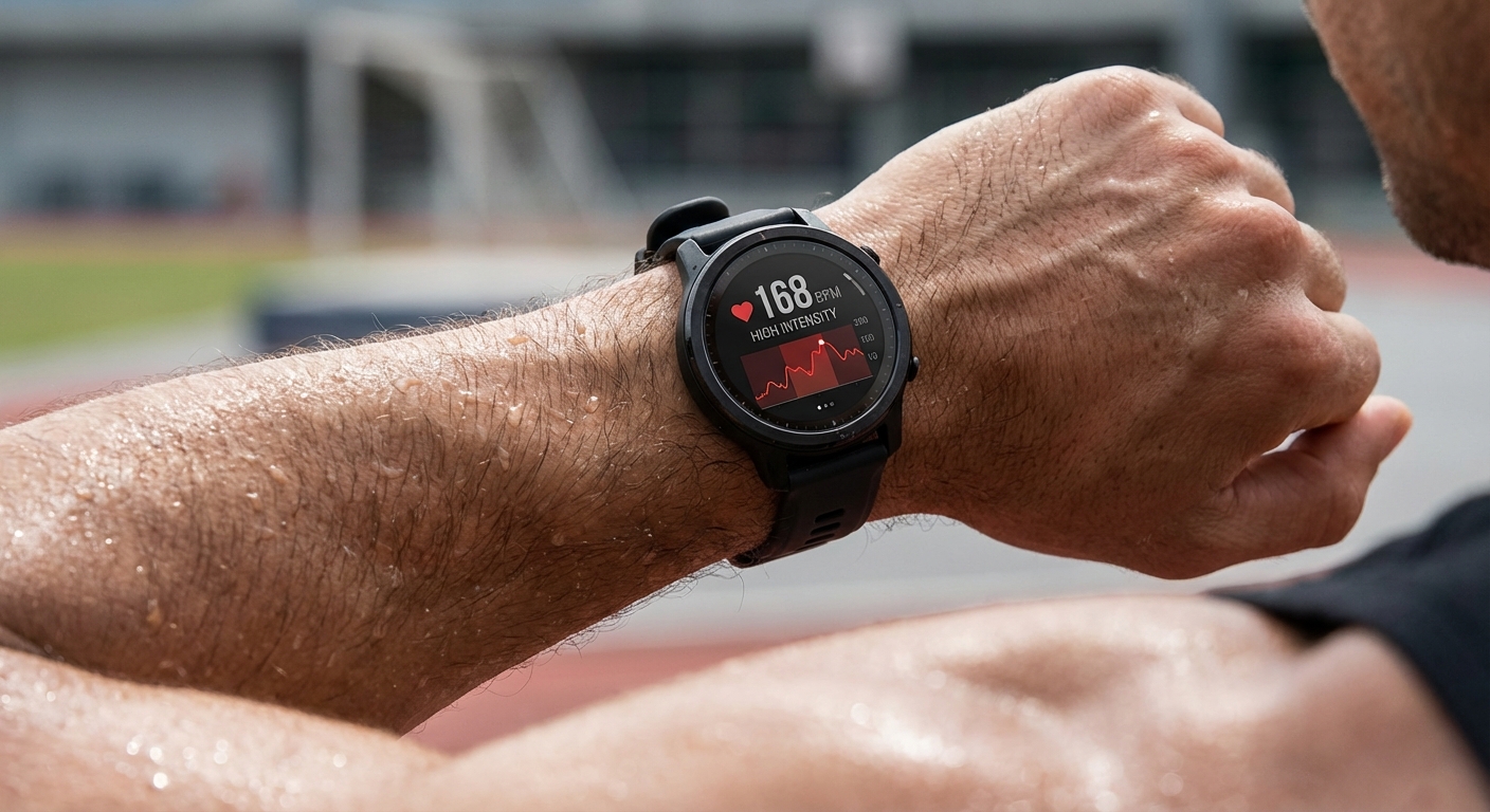 Person checking heart rate monitor during interval training