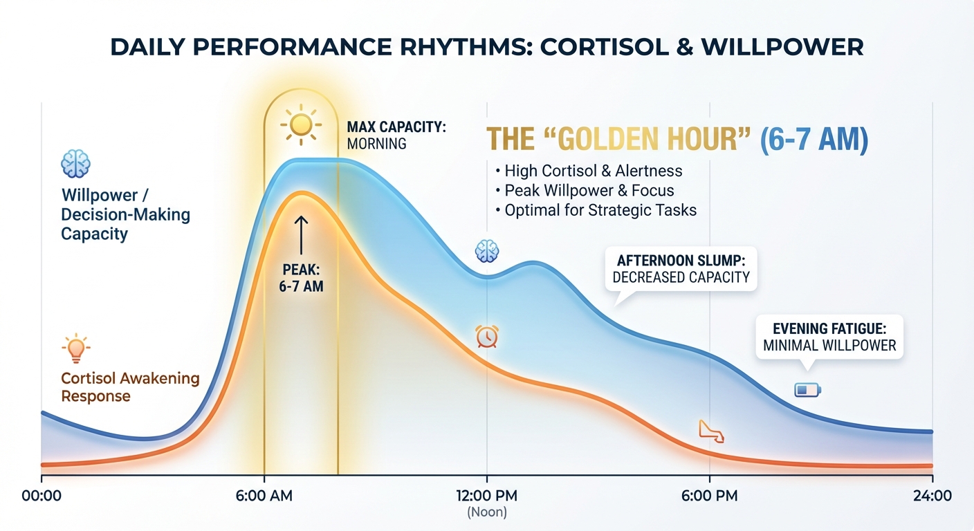 Diagram showing cortisol awakening response and willpower depletion throughout the day